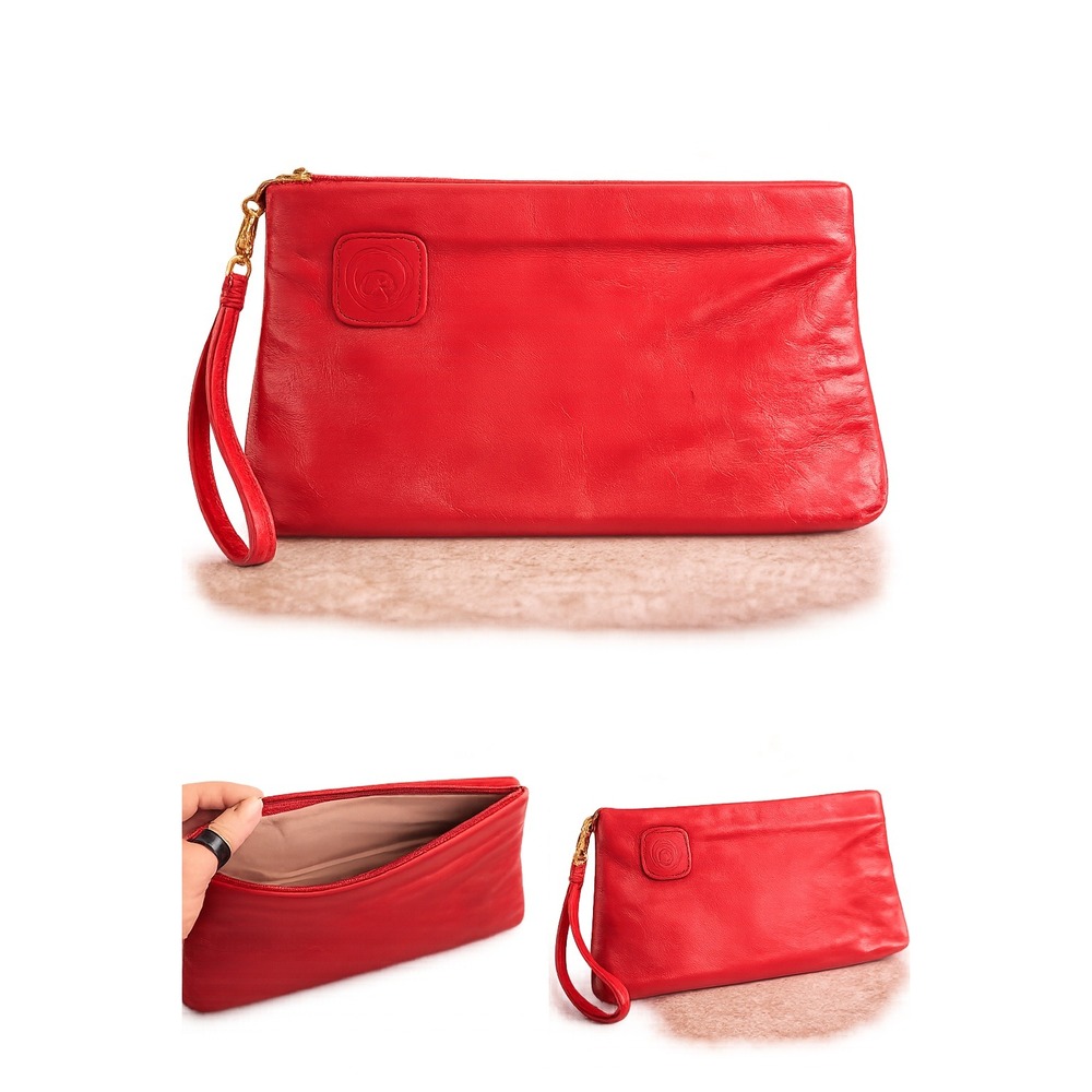 Red Leather Wristlet Clutch Bag Gold Tone Hardware Zip Top Minimalist Pouch